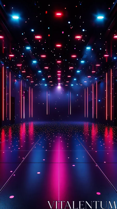 Futuristic corridor with neon lighting and reflective floor surface.