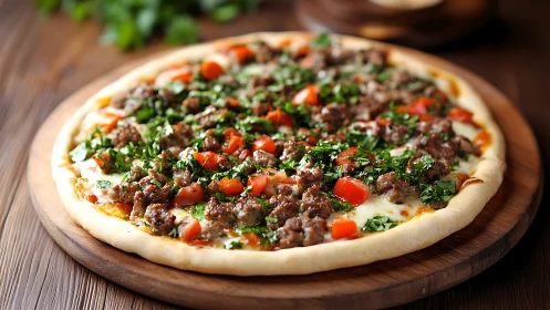 Meat and vegetable topped pizza on wooden serving board.