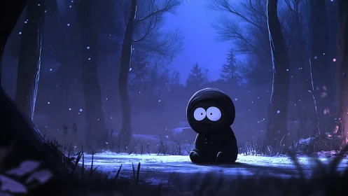 Solitary hooded cartoon figure seated in a snowy forest.
