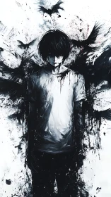 Solitary boy stands in inky chaos as dark crows rise