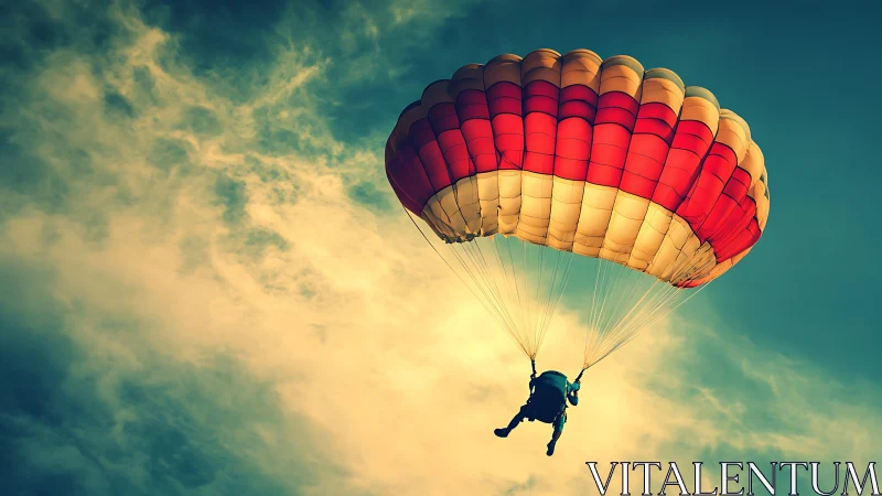 Skydiver glides beneath vivid sunset parachute canopy.