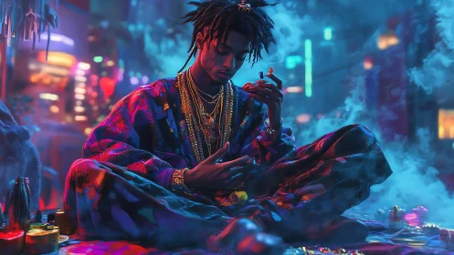 Man seated in neon city alley with smoke and colored lights.