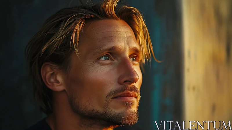 Contemplative male portrait in cinematic golden side light.