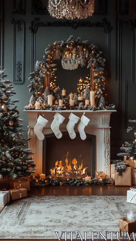 Symmetrical Christmas fireplace vignette with warm bokeh lighting
