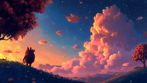 Creature on hillside under sunset clouds and night sky.