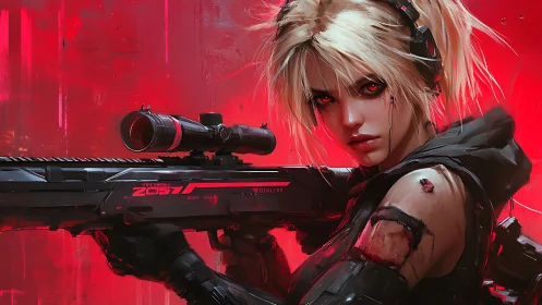 Cybernetic sniper with rifle against saturated red field.