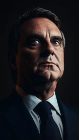 Low key male portrait in suit with upward gaze in shadow.