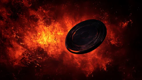 Molten nebula backdrop with dark metallic disc in rotation