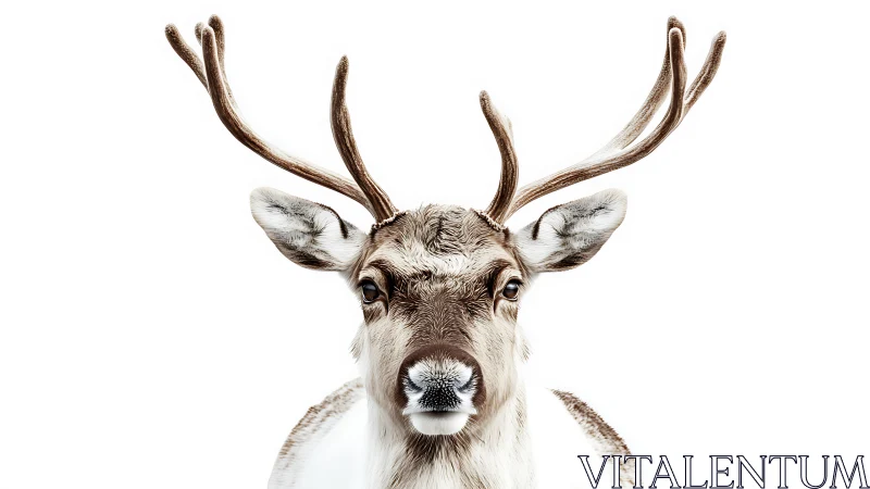 Serene reindeer portrait stands in crisp high-key winter light