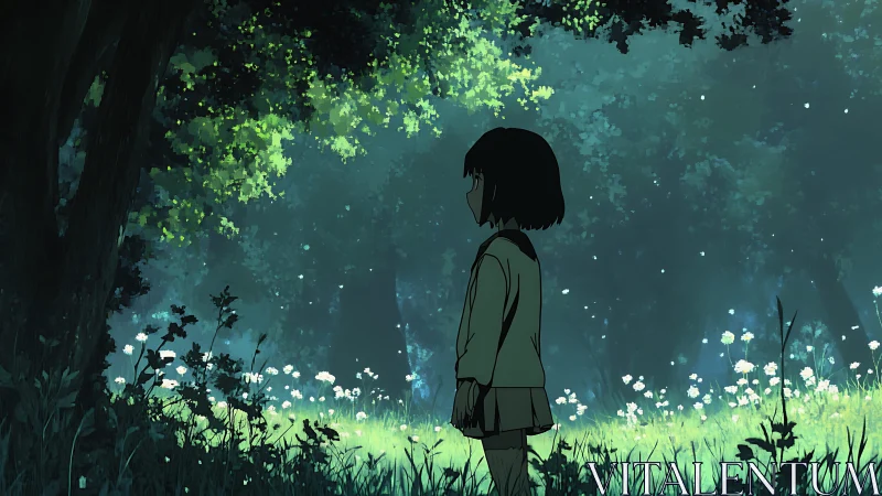 Anime forest vignette with solitary figure and luminous glade.