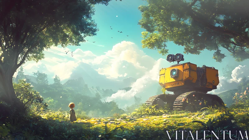 Sunlit forest meeting between curious child and kind robot.