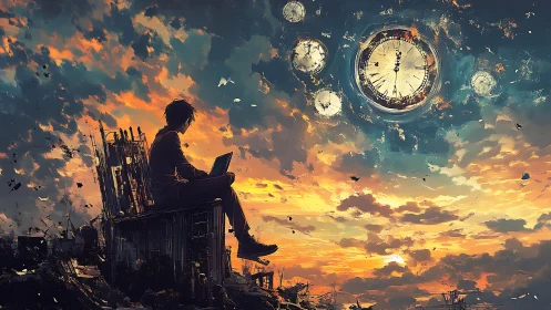 Figure with laptop under fragmented sky and clock forms.