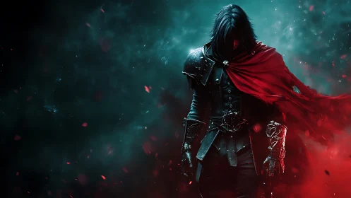 Midnight wanderer in crimson cloak among swirling embers.