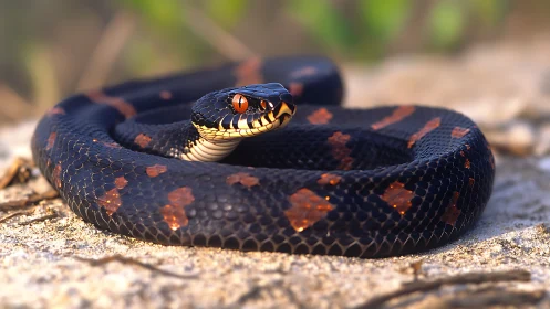 Coiled black snake with orange markings on sandy ground.