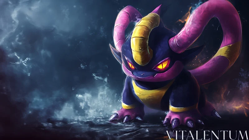 Horned purple creature with glowing eyes on misty ground.