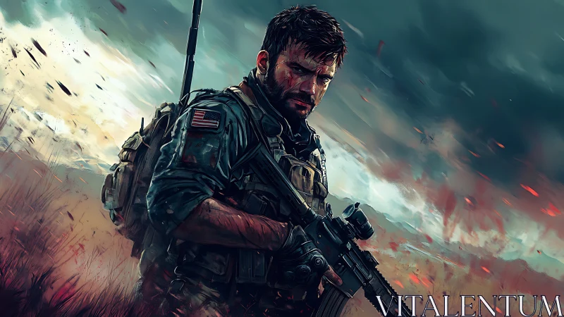 Battle-worn soldier stands armed under storm-laden battlefield sky