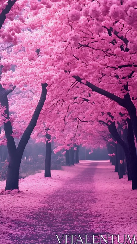 Cherry blossom corridor with dense canopy and receding vanishing point