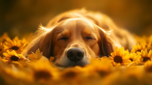 Golden dog peacefully napping amid glowing yellow daisies
