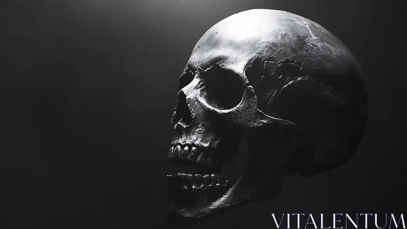 Side profile of metallic human skull on dark background.