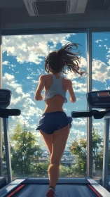 Rear treadmill view of runner before windowed urban landscape.