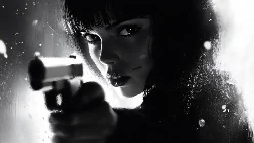 Monochrome close-quarters portrait of armed noir protagonist.