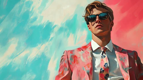 Stylish man in pink suit stands before bold pastel sky.