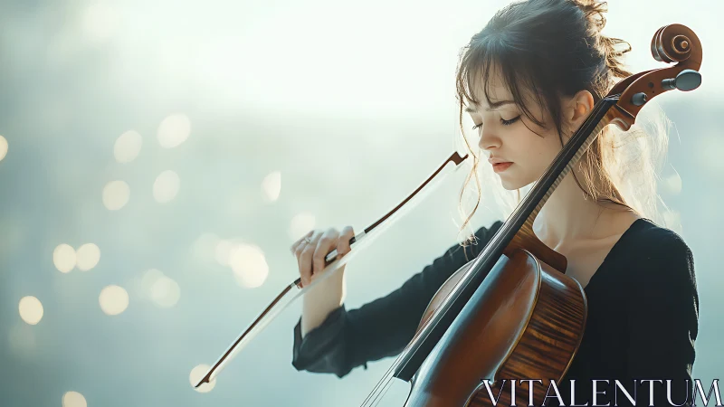 Young cellist lost in soft morning light and gentle music.