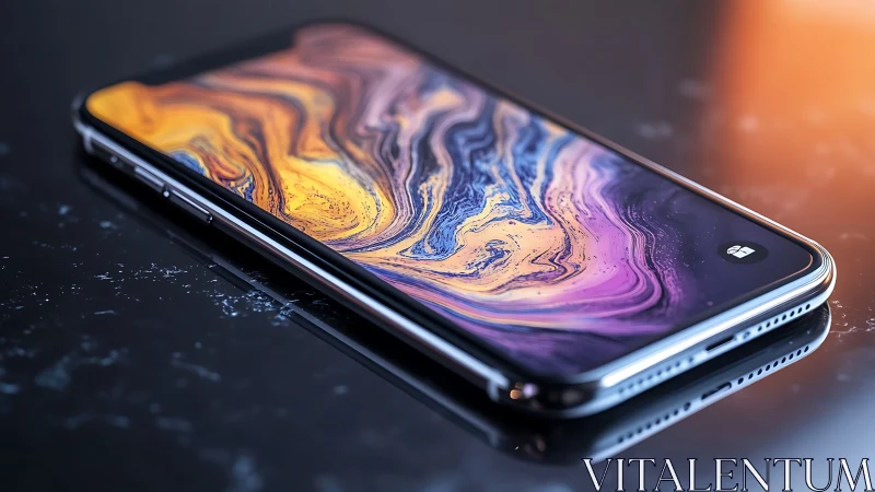 Curved glass smartphone with vivid swirling display glow.