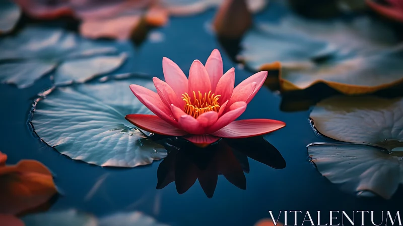 Vibrant pink water lily rendered in cinematic photoreal detail