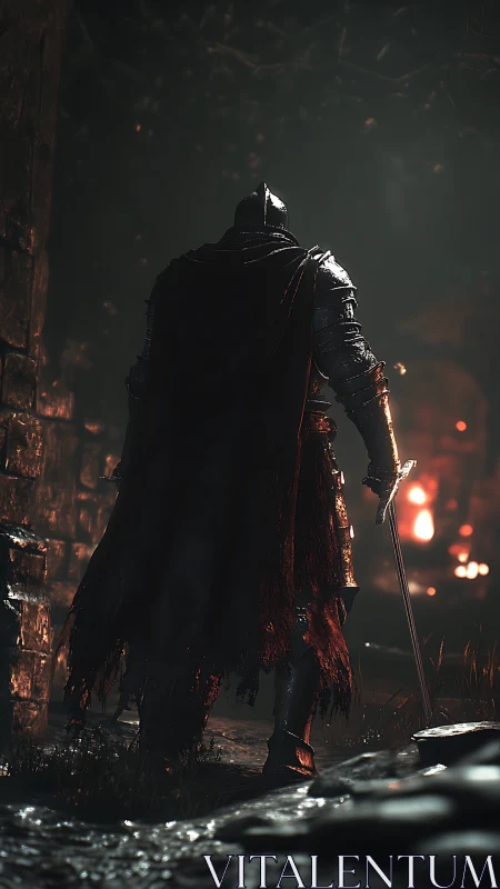 Armored figure with sword in dim, firelit ruin at night.