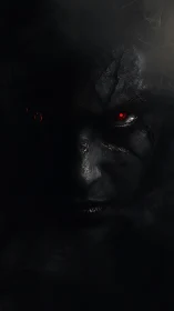 Sinister red-eyed face emerges from deep swirling shadows