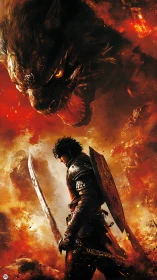 Armored warrior confronts colossal fire beast amid inferno.