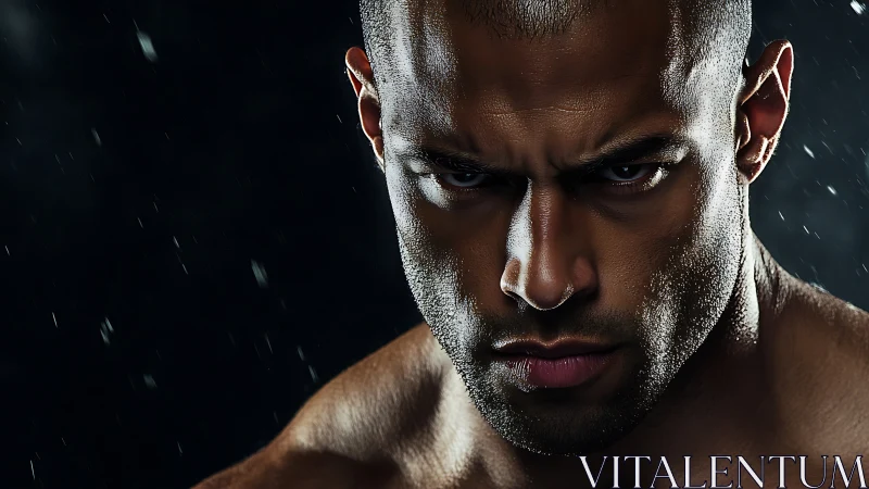 Intense muscular portrait under dramatic low key lighting.