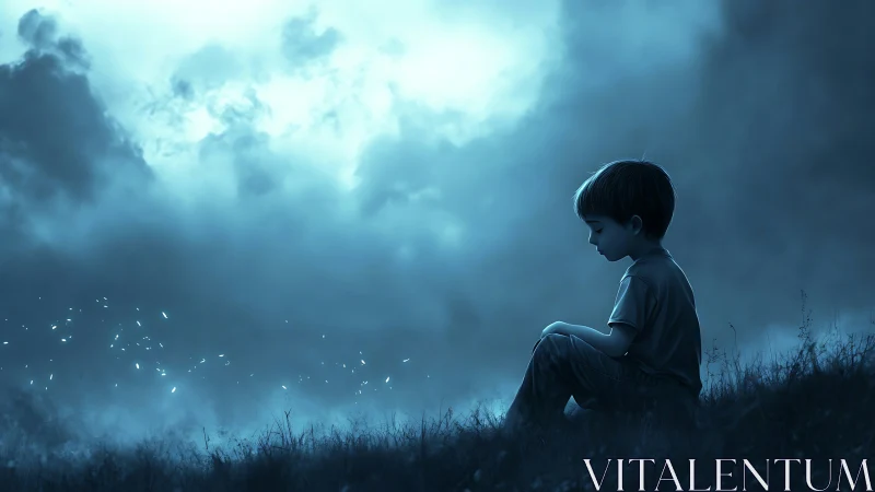 Young boy sitting alone on hill under moody blue night sky.
