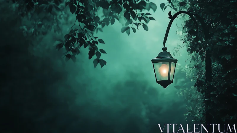 Lamp post glows softly amid dense green evening foliage.