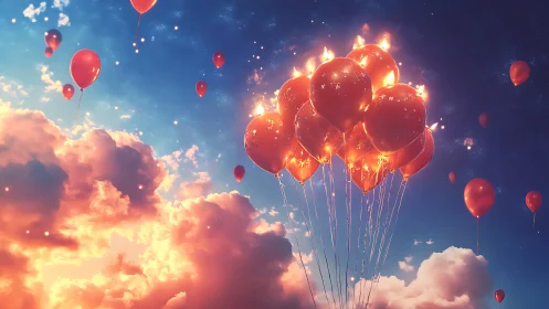 Glowing red balloons drifting gently through a dreamy sky.