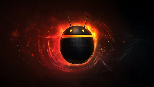 Android-inspired orb ignites with fiery digital energy.