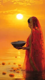 Woman in red sari stands in water at vivid orange sunset