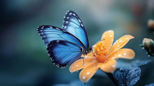 Macro optical study of blue butterfly on dew-laden flower.