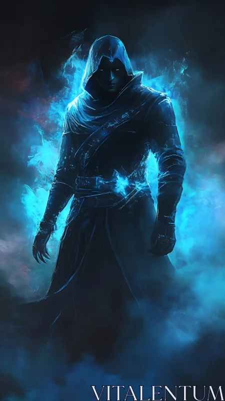 Hooded dark figure stands in blue spectral energy cloud