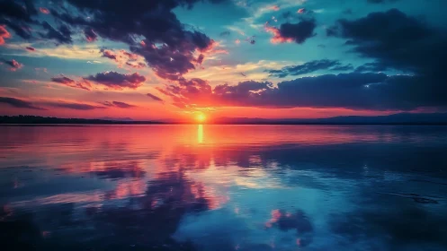 Sunset ignites mirrored lake under storm-lit clouds.