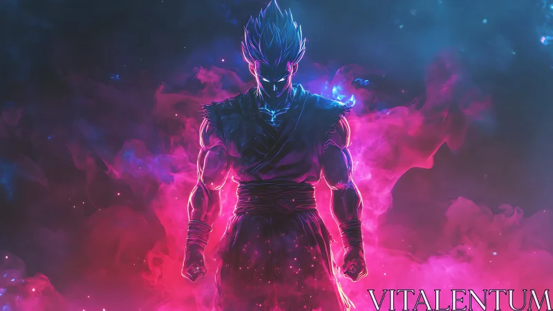 Cosmic warrior rising in glowing pink and blue energy storm.