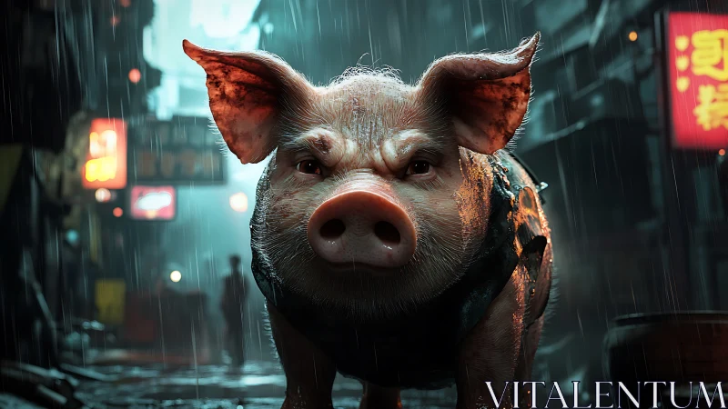 Cyberpunk street portrait of armored pig in neon rain.