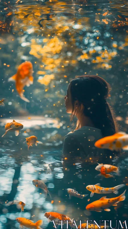 Dreamlike portrait with koi fish in luminous teal water.