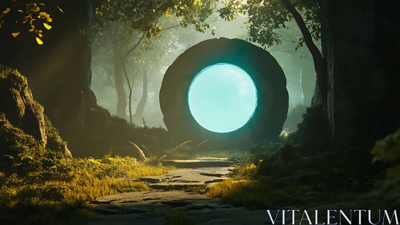 Stone forest portal with glowing circular gateway view.