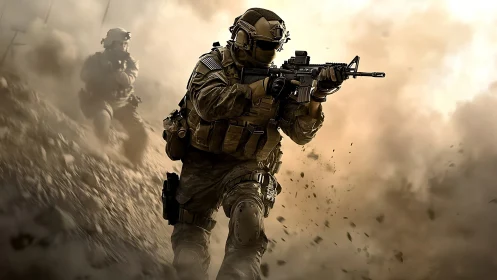Heavily armed soldiers advance through dense battlefield dust