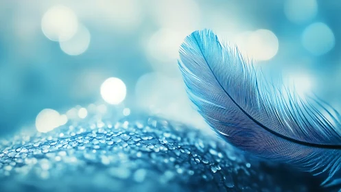 Blue feather lies on wet textured surface in soft focus light