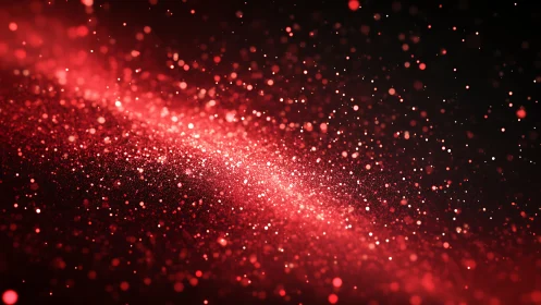 Red particle field forming diagonal abstract light stream.