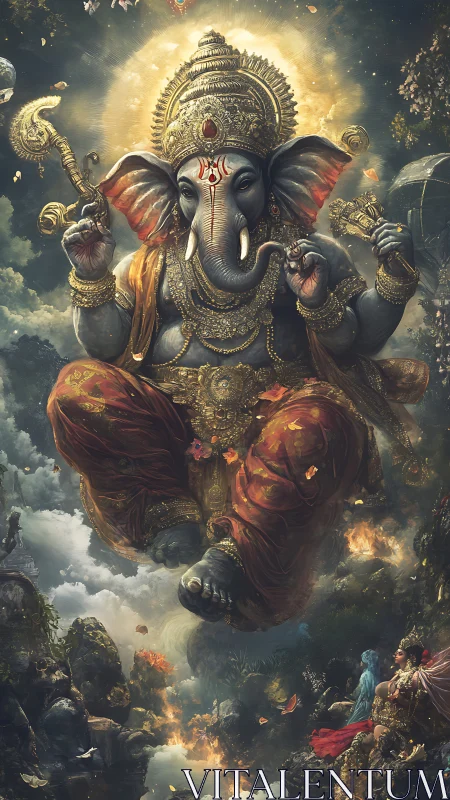 Divine Ganesha in celestial ascent over mythic landscape.