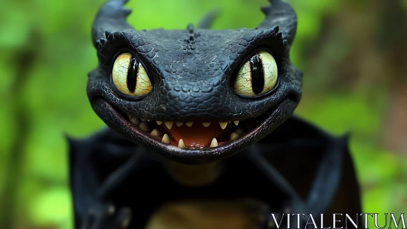 Wide-eyed baby dragon grinning in a sunlit forest grove.